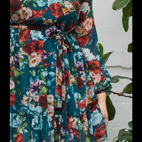 Boho Plus Size Floral Print Long Sleeves Belted Dress - Picture 4 of 7